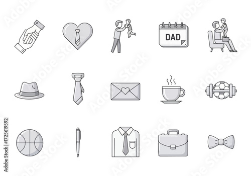 Vector illustration of a collection of monochrome icons representing fatherhood and dadrelated items, including a handshake, heart, calendar, and clothing