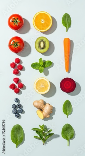 A vibrant overhead flat lay of fresh, colorful fruits and vegetables arranged in neat rows on a light blue background.