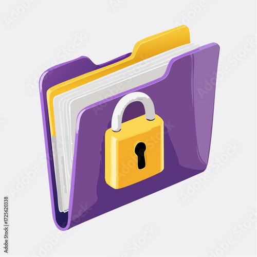 Illustration of Stylized purple folder with yellow padlock and white and yellow documents file security
