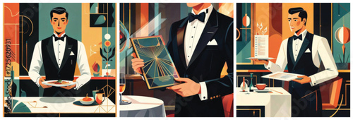 Elegant waiter presenting menu and serving food in fine dining setting  