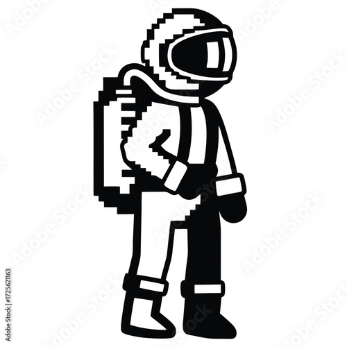 Isolated astronaut character stands in space gear with a squared pixelated appearance