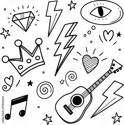 The Eternal Rise of Heavy Meta. Doodle icon drawn punk music sketch set.