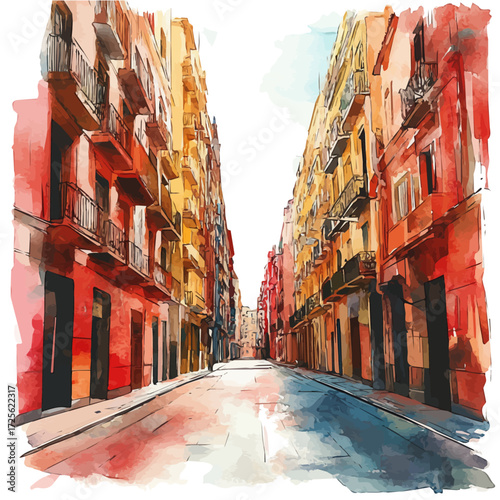 watercolor of Spanish Red Streets, vector, isolated on a white background.