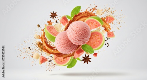 Pink Guava Ice Cream with Spices and Sauce