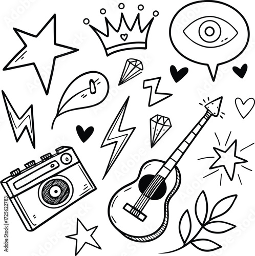 The Eternal Rise of Heavy Meta. Doodle icon drawn punk music sketch set.