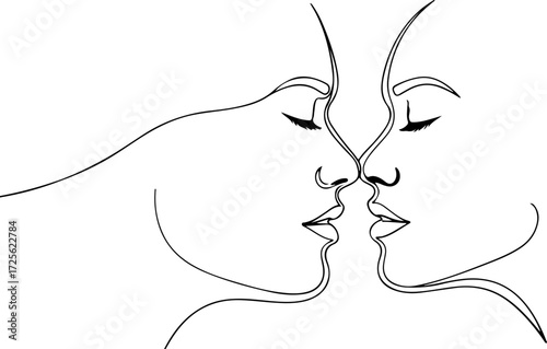 Line art of two faces kissing each other