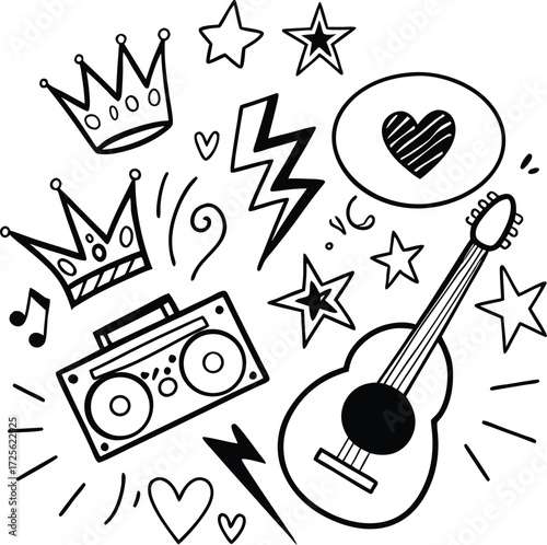 The Eternal Rise of Heavy Meta. Doodle icon drawn punk music sketch set.
