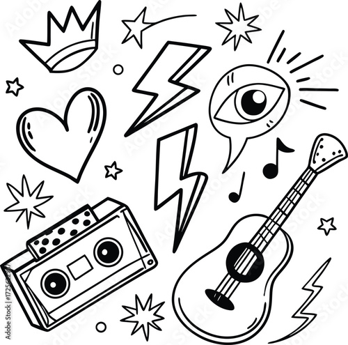 The Eternal Rise of Heavy Meta. Doodle icon drawn punk music sketch set.
