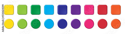 Realistic Multi color 3d button. Square and circle glossy colorful web ui buttons. Vector empty round button collection. Badge emblems. Game buttons design isolated icons set.