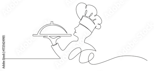 Continuous line art of a chef carrying food in his hands. This icon is for a banner sticker or a restaurant logo.