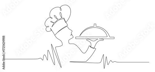 Continuous line art of a chef carrying food in his hands. This icon is for a banner sticker or a restaurant logo.