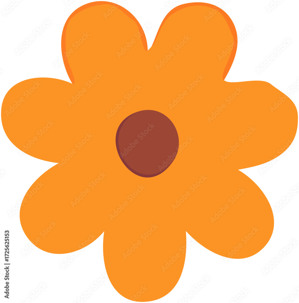 Obraz premium A simple, stylized illustration of an orange flower with seven rounded petals and a brown circular center, isolated on a white background.