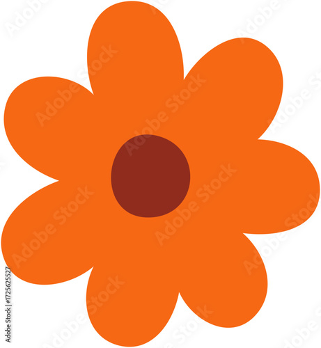 A simple, stylized orange flower with a dark red center, depicted in a graphic, cartoon-like style.