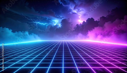 Electric Grid at Night with Lightning Neon Background.