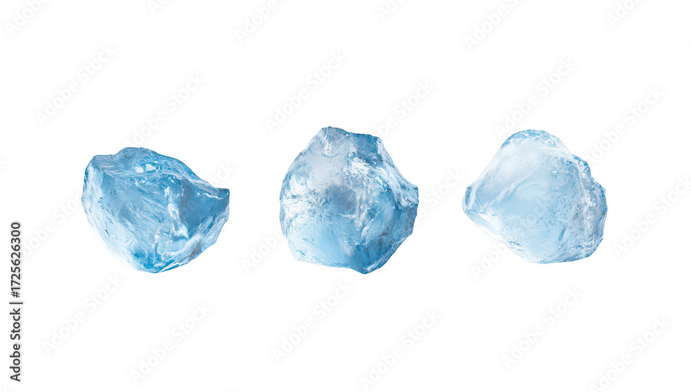 Obraz premium Three distinct pieces of translucent blue ice arranged on a white background. their unique shapes and textures. ideal for use in culinary. beverage. or decorative contexts