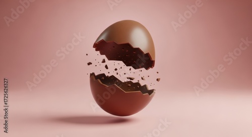 A hollow chocolate egg is dramatically breaking apart into many small pieces against a soft pink background.