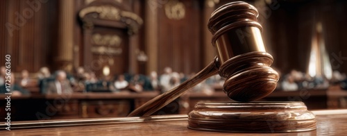 The Gavel Resting on a Wooden Block in a Classic Courtroom Setting