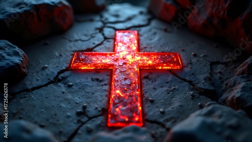 Glowing Red Cross on Cracked Stone Surface with Dramatic Lighting