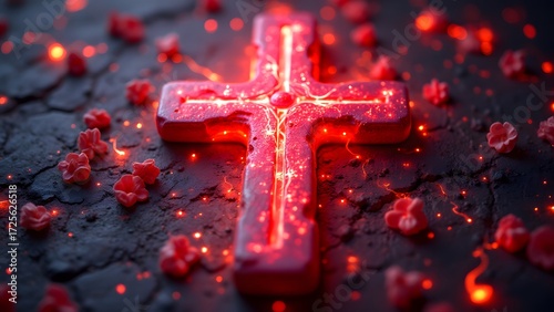 Glowing Red Cross with Sparkling Effects on Dark Textured Surface