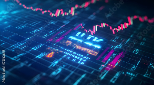 Artificial Intelligence logo on a stock market chart background with candlestick charts and artificial intelligence in the style of holographic digital art