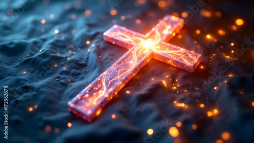 Glowing Cross with Fiery Energy on Dark Background