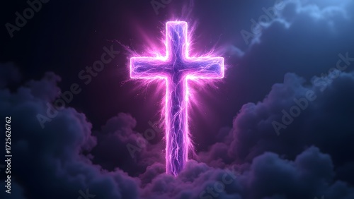 Glowing Purple Cross with Lightning Effects Amidst Dark Clouds