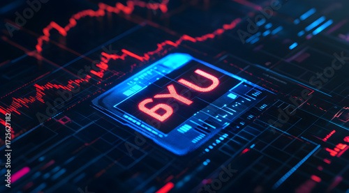 Artificial Intelligence logo on a stock market chart background with candlestick charts and artificial intelligence in the style of holographic digital art