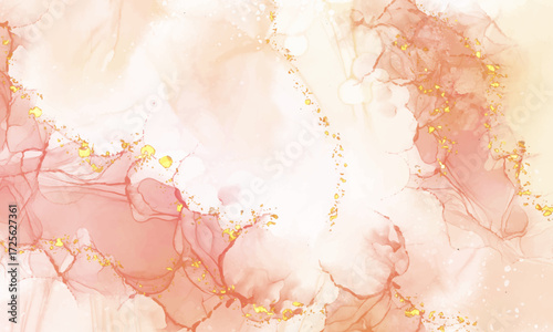 Romantic abstract background with rose gold and peach alcohol ink texture. Luxurious liquid art with gold glitter, ideal for wedding invitations.