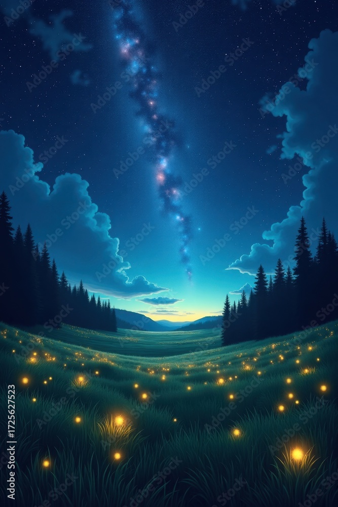 Naklejka premium A tranquil meadow bathed in the glow of fireflies under a vibrant night sky dotted with stars and a luminous Milky Way.