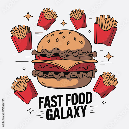 Burger planet and orbiting french fries celebrate fast food galaxy cuisine and cosmic culinary adventure in fun food art vector