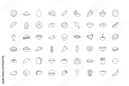 Collection of outline drawings featuring various food items including desserts fruits and savory dishes displayed on transparent background