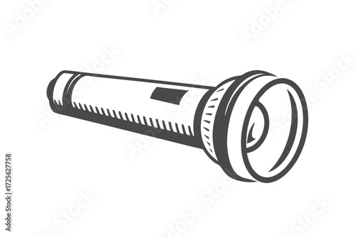 Isolated gray monochromatic flashlight with grooved handle illuminates on a white background