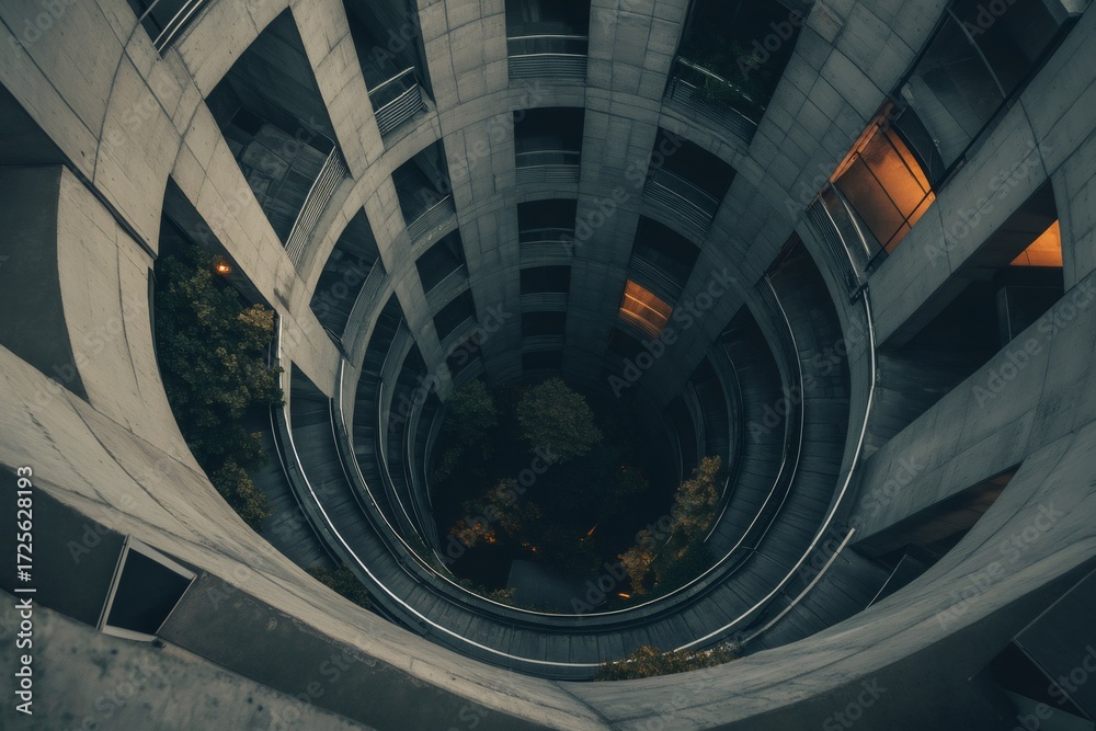 Fototapeta premium Overhead view of a spiraling concrete tower with glowing lights and trees at the base creating a moody urban atmosphere