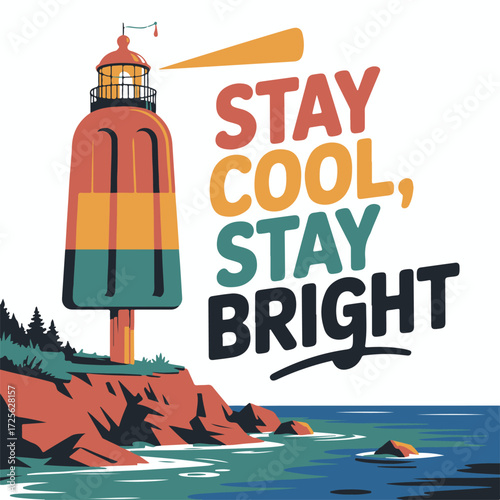 Creative popsicle lighthouse artwork guiding the way with a refreshing stay cool stay bright message on a rocky coastline vector