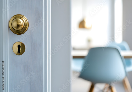 close-up shot of the door to an apartment, showing its sleek white frame and brass doorknob, with light blue chairs in soft focus through it.