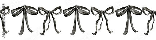 Seamless horizontal border with black bow. Watercolor ribbon ornament for greeting card, textile, gift wrap, frame or banner. Gothic vintage clipart decoration.