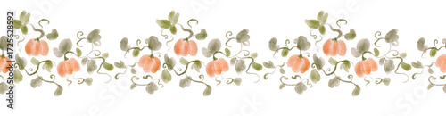 Horizontal seamless border with pumpkins. Watercolor hand drawn pattern for cards, invitations, posters, packaging and wallpapers. Autumn harvest food illustration.