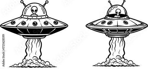 alien spaceship cartoon vector with ufo beam, Flying saucer silhouette vector, UFO spaceship illustration with beam of light in black and white design, ufo flying saucer landing black and white sci-f