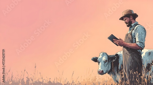 Farmer with Cow Using Tablet in Serene Pastoral Landscape