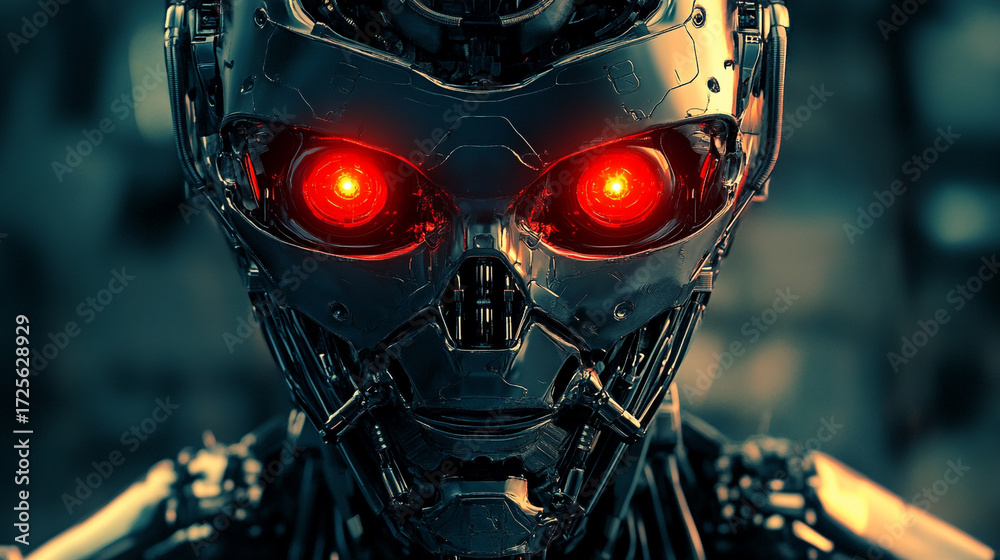 Fototapeta premium Crimson Sentience: Close-Up of a Threatening AI