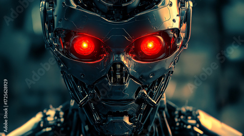 Crimson Sentience: Close-Up of a Threatening AI