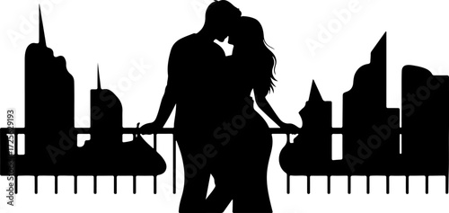 Silhouette of a couple kissing on a city balcony
