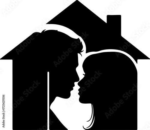 Silhouette of couple in house on white background