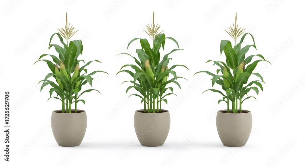 Fototapeta premium Three Potted Corn Plants Against White Background