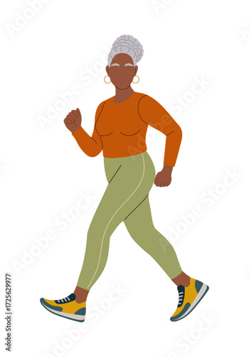 Senior Black woman running side view, curvy build, wearing burnt orange and olive green autumn track outfit, long sleeves and leggings, flat vector illustration isolated on transparent background