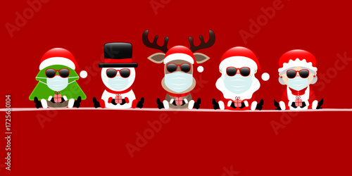 Banner Baum Schneemann Rentier Weihnachtsmann Und Frau Maske Mit Sonnenbrille Rot