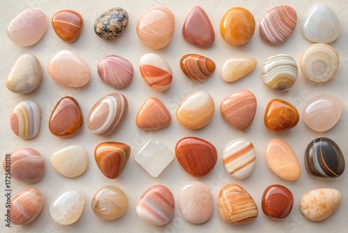 Collection of polished tumbled stones in various natural colors and patterns