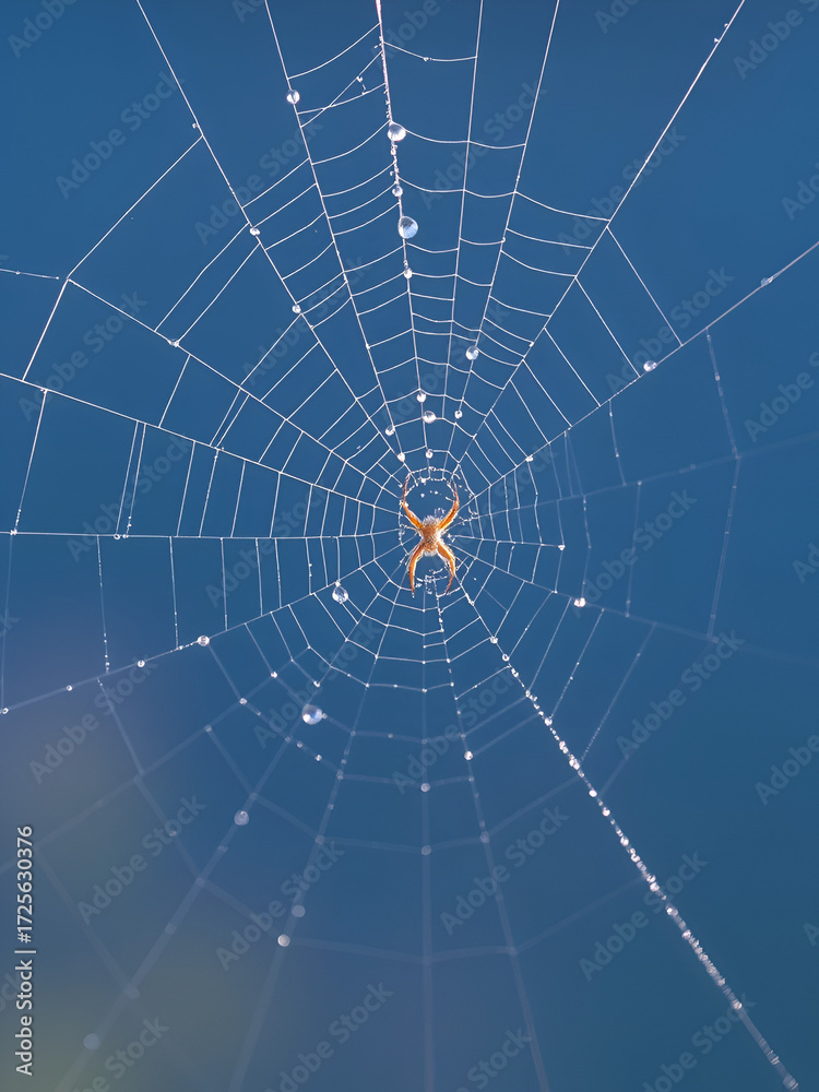 Obraz premium Early morning dew on a spider web against a blue background; Davis, West Virginia, United States of America