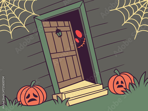 Happy Halloween holiday concept. Creepy wooden door in an old house slightly open, glowing red eyes and a clawed hand reaching out from the darkness inside, copy space.
