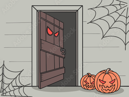 Happy Halloween holiday concept. Creepy wooden door in an old house slightly open, glowing red eyes and a clawed hand reaching out from the darkness inside, copy space.